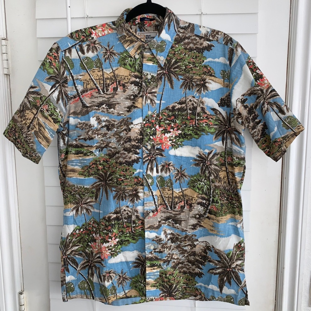 VTG Reyn Spooner Hawaiian Traditionals Blue Scenic Island Print Shirt Mens Small